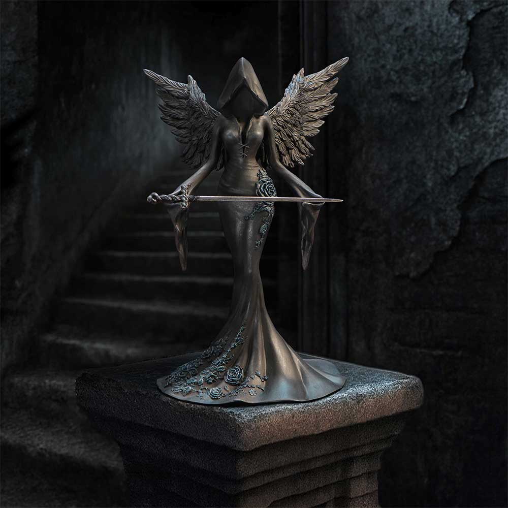 Femme Fatale Warrior Gothic Figurine - displayed against a dark stone backdrop with the sword and wings visible