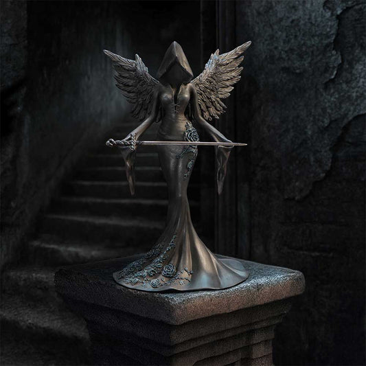 Femme Fatale Warrior Gothic Figurine - displayed against a dark stone backdrop with the sword and wings visible