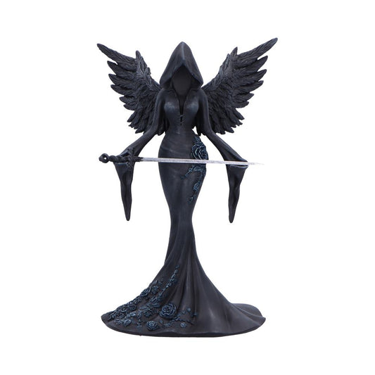 Femme Fatale Warrior Gothic Figurine - front of the hooded black figure with open wings and a sword held across the body