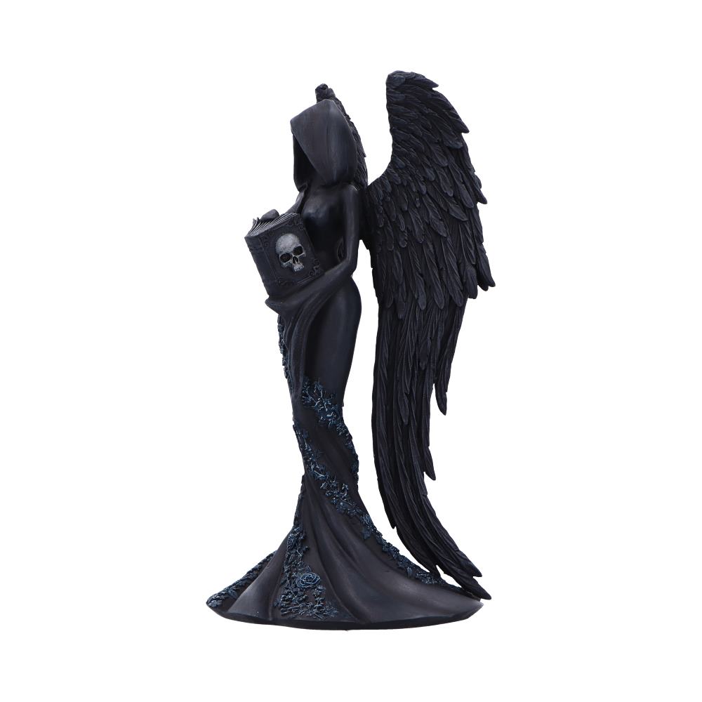 Femme Fatale Scholar Gothic Figurine - angled view of the book and flower details along the black robe