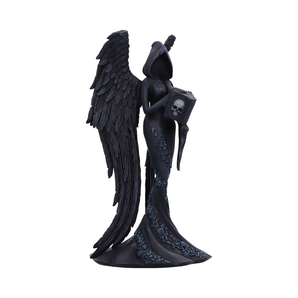 Femme Fatale Scholar Gothic Figurine - opposite angle with the skull-decorated book held beneath the hood