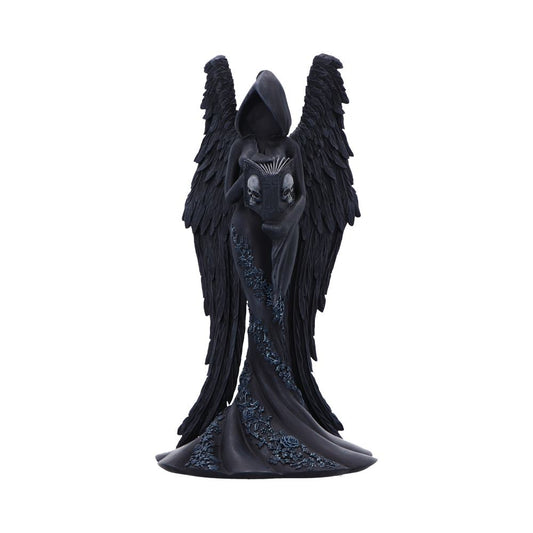 Femme Fatale Scholar Gothic Figurine - front of the winged hooded figure holding a skull-adorned book