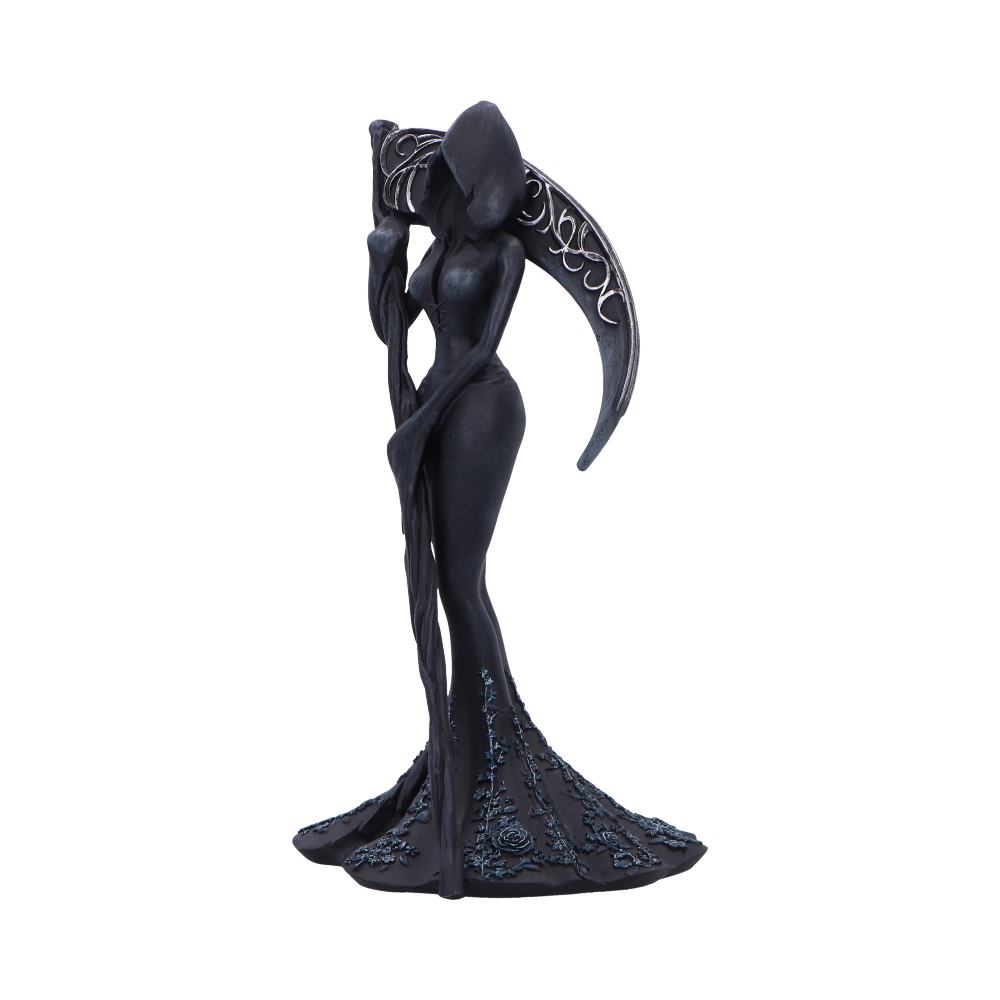 Femme Fatale Reaper Gothic Figurine - angled view of the scythe and slender flowing robe
