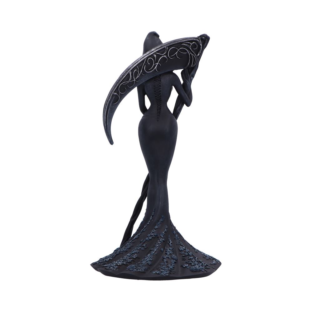 Femme Fatale Reaper Gothic Figurine - rear showing the scythe’s ornate pale accents and textured robe