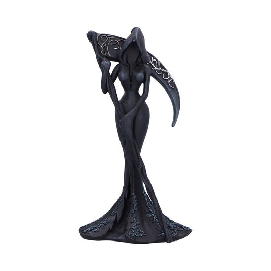 Femme Fatale Reaper Gothic Figurine - front of the faceless black figure framed by a large curved scythe