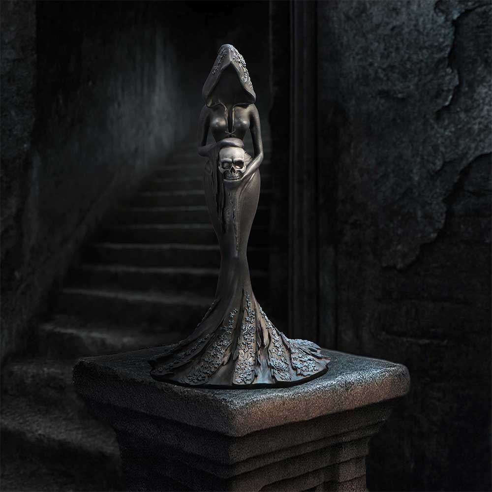 Femme Fatale Keeper Gothic Figurine - displayed in a dark architectural setting with the pale skull facing forward