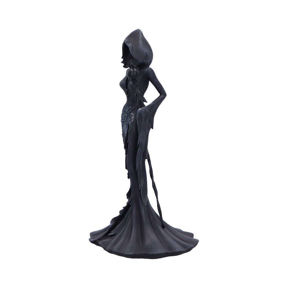 Femme Fatale Seer Gothic Figurine - angled view of the hood, bird-topped staff and floral sculpting