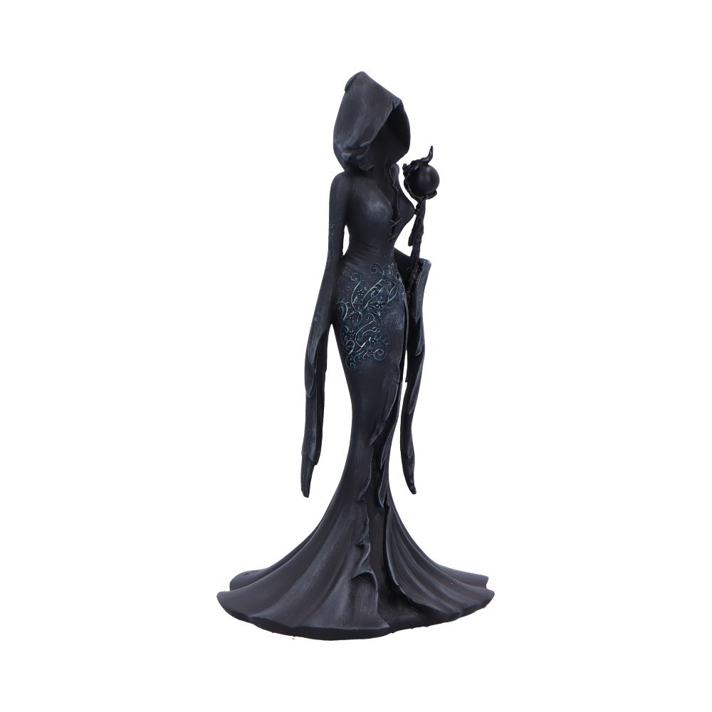 Femme Fatale Seer Gothic Figurine - opposite angle showing the raven and long staff beside the figure