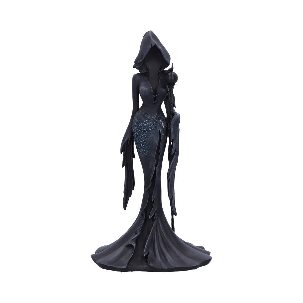 Femme Fatale Seer Gothic Figurine - front of the faceless figure holding a raven-topped staff beside the black robe