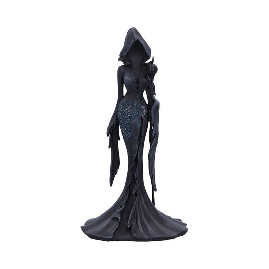 Femme Fatale Seer Gothic Figurine - front of the faceless figure holding a raven-topped staff beside the black robe