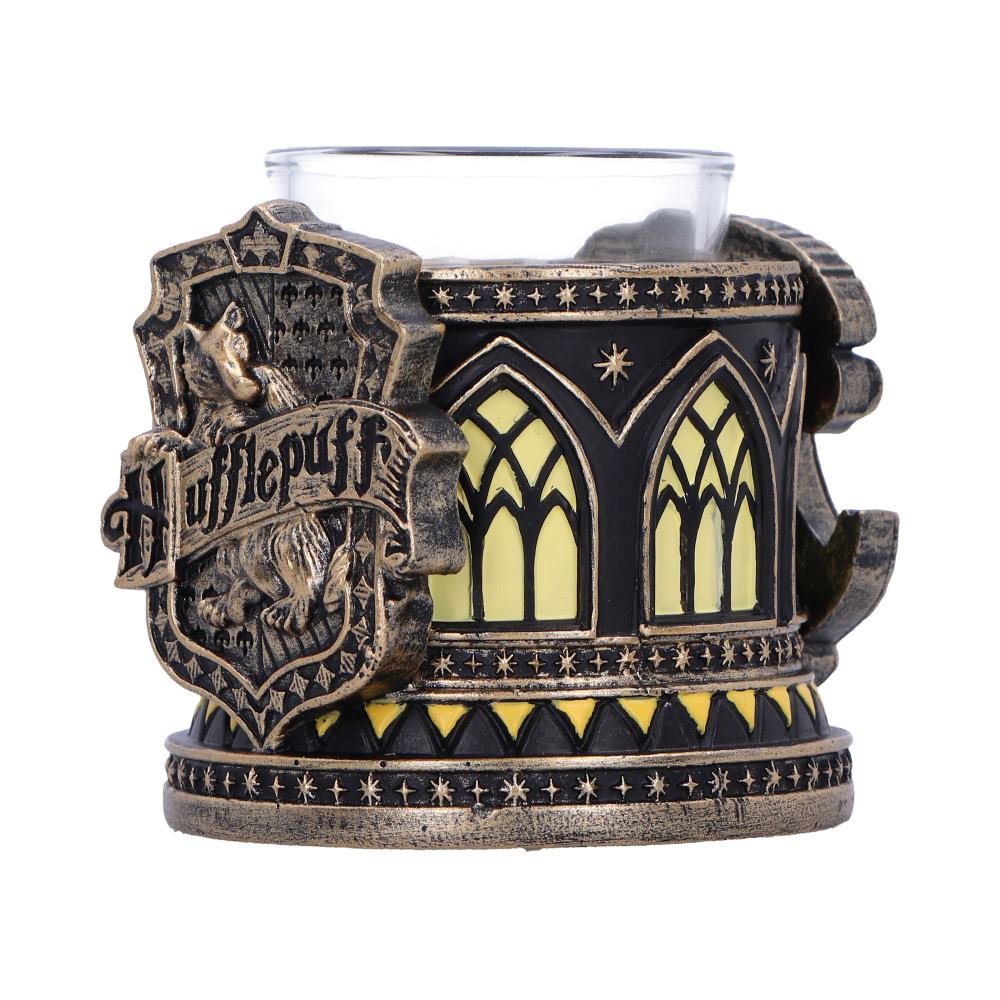 Harry Potter Hufflepuff Tealight Holder - angled view of the badger emblem and arched castle windows