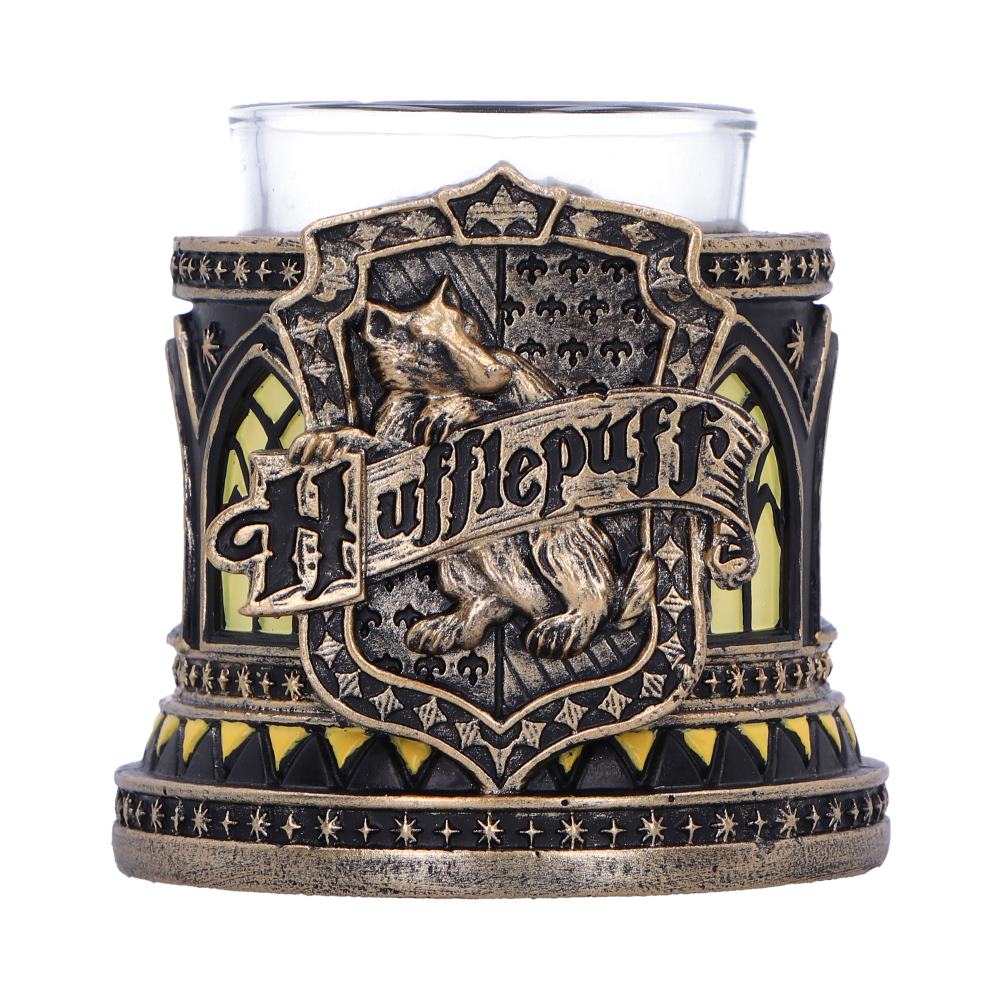 Harry Potter Hufflepuff Tealight Holder - front with the Hufflepuff crest, yellow window details and clear inner cup