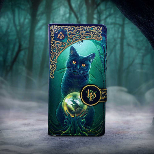 Rise of the Witches embossed purse by Nemesis Now featuring Lisa Parker artwork of a black cat behind a glowing magical orb in a dark green forest