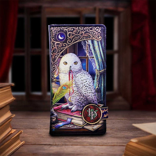 Guardian of Spells embossed purse by Nemesis Now featuring Lisa Parker artwork of a white owl perched on an ancient spell book in a candlelit magical setting
