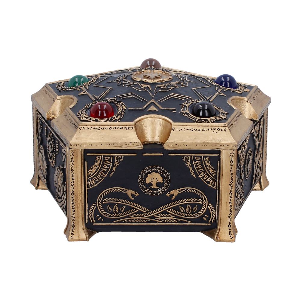 Magic: The Gathering Mana Trinket Box - front of the black-and-gold pentagonal box with coloured mana details on the lid