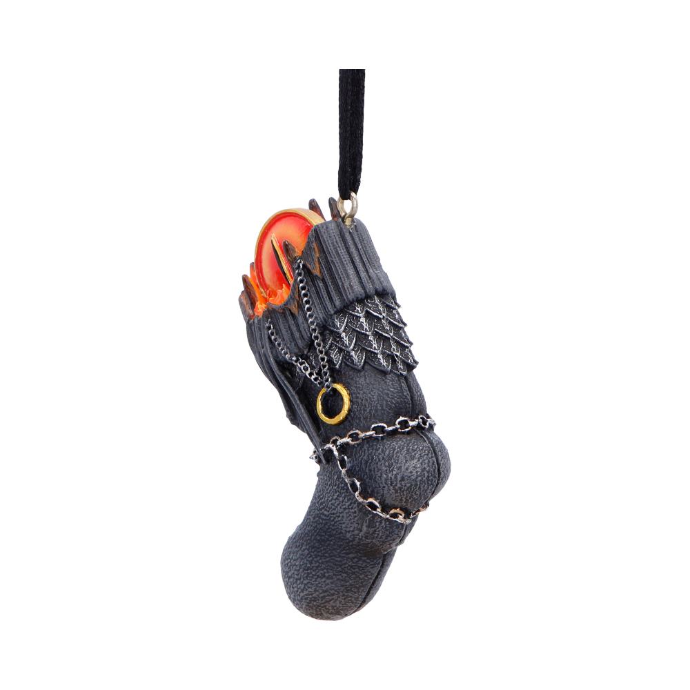 LOTR Sauron Stocking Hanging Ornament - angled view of the Eye above the chained stocking shape