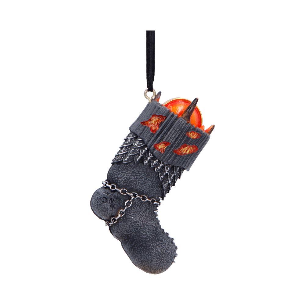 LOTR Sauron Stocking Hanging Ornament - reverse showing dark tower textures, chains and orange accents