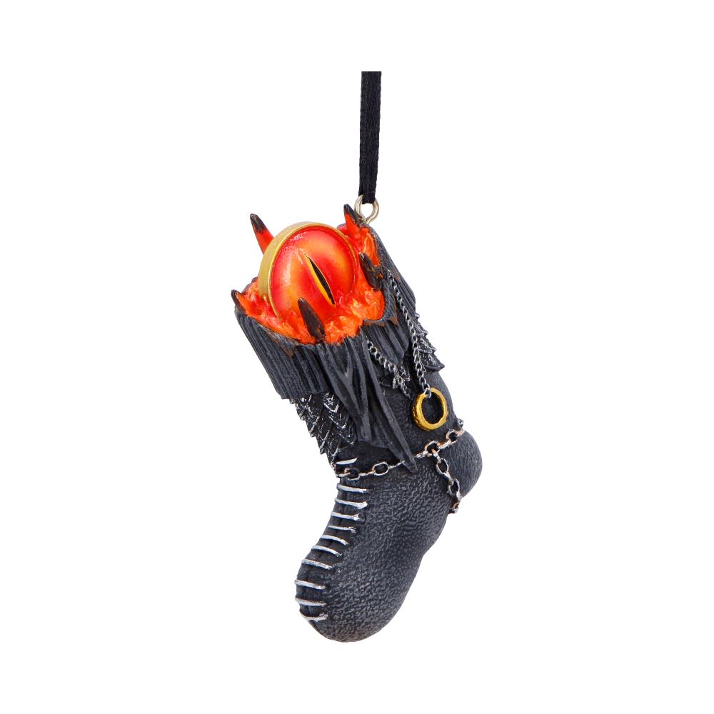LOTR Sauron Stocking Hanging Ornament - opposite angle of the stocking toe and bright Eye above it