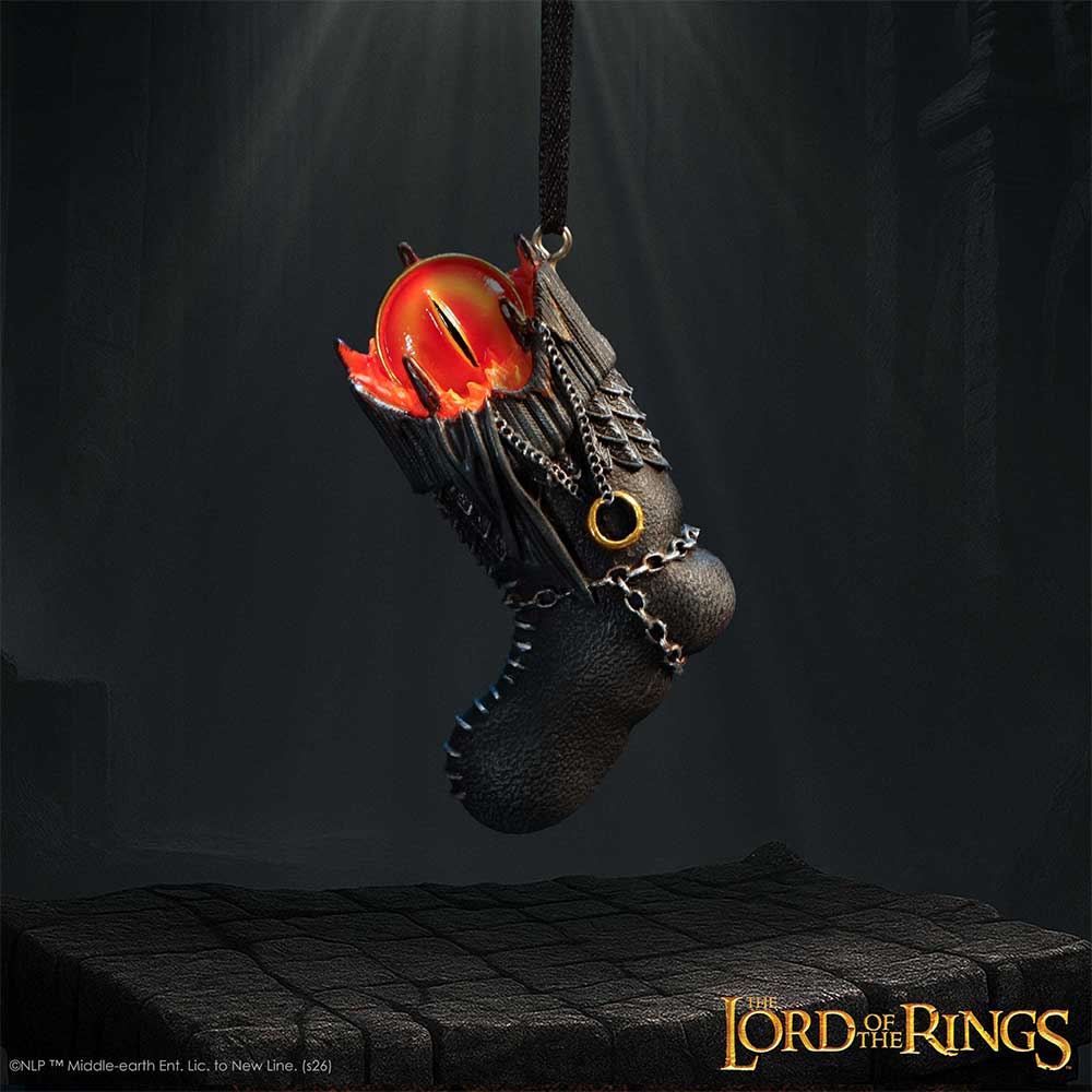 LOTR Sauron Stocking Hanging Ornament - hanging against a dark backdrop with the Eye of Sauron glowing in colour