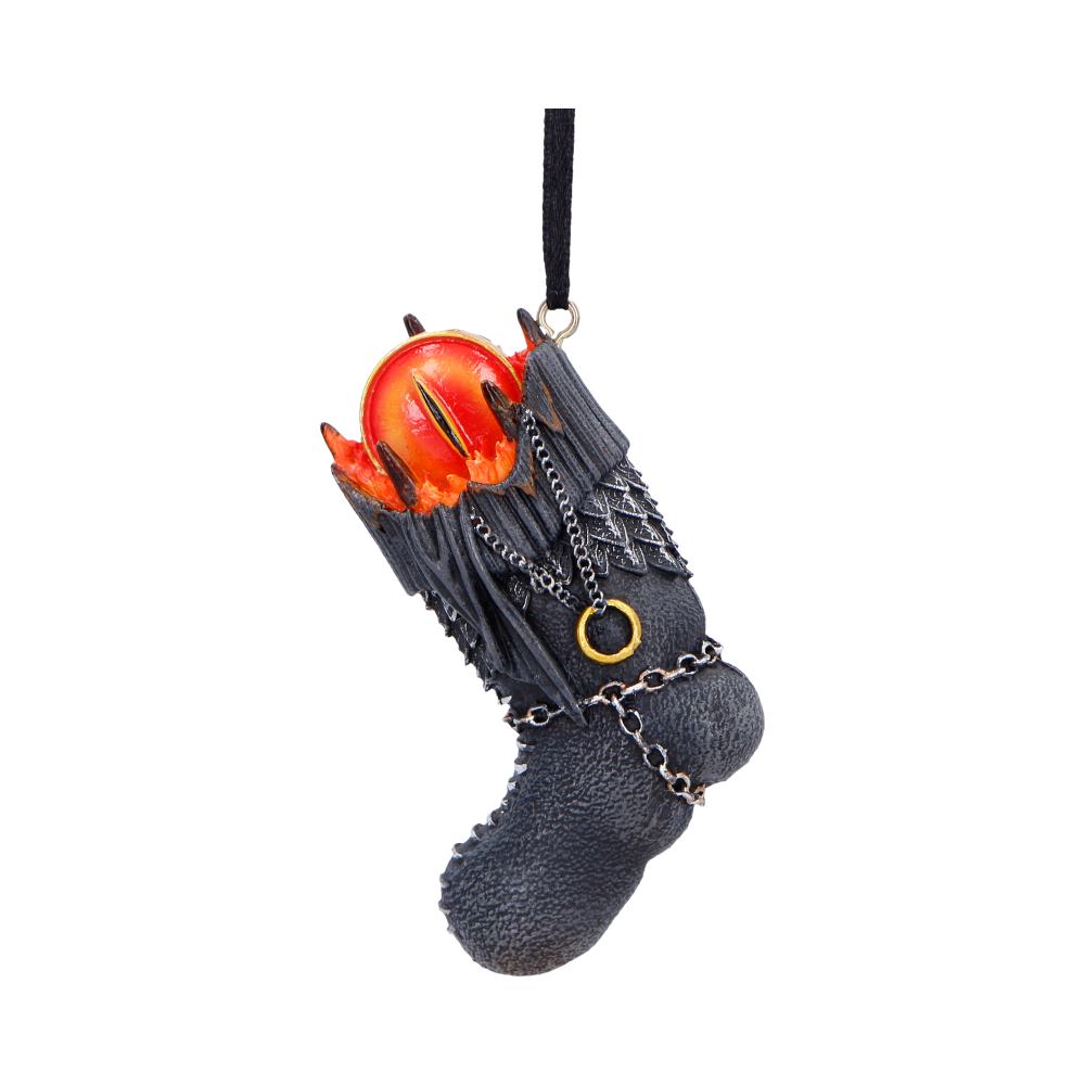 LOTR Sauron Stocking Hanging Ornament - front of the dark stocking with tower tips, a fiery Eye and ring detail