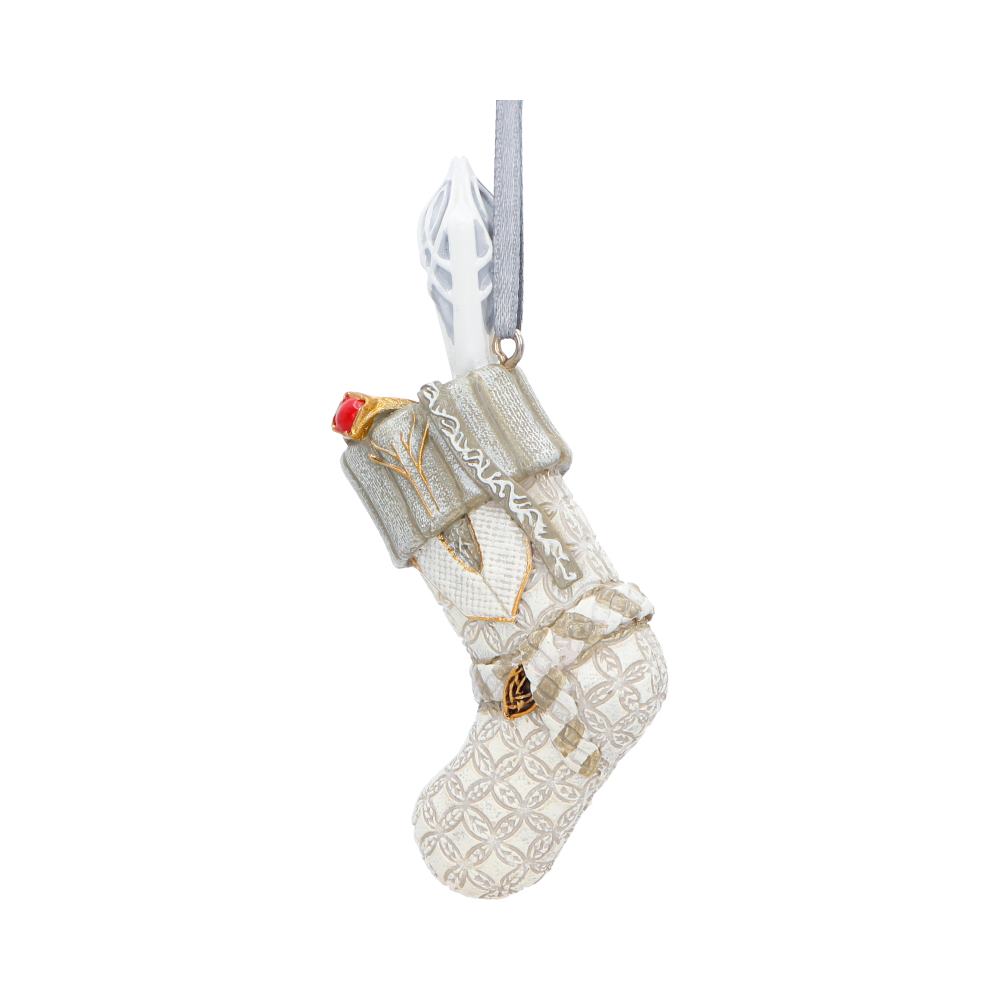 LOTR Gandalf the White Stocking Ornament - angled view of the white stocking and gold-toned decoration