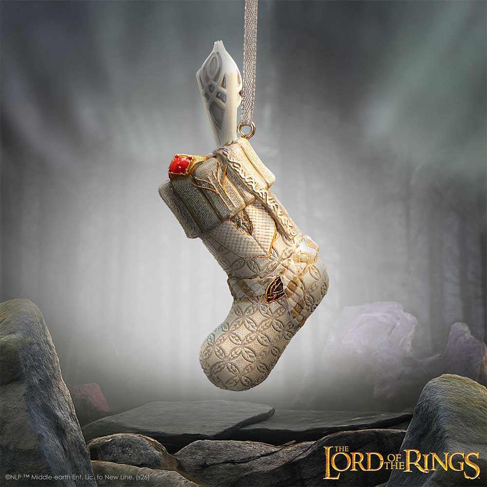 LOTR Gandalf the White Stocking Ornament - hanging in a softly lit setting with the white-and-gold stocking visible