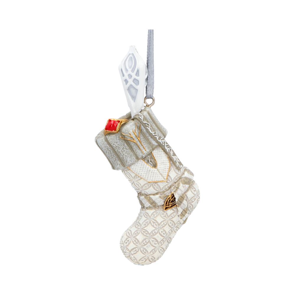 LOTR Gandalf the White Stocking Ornament - front of the pale stocking with Gandalf’s staff and little gift details