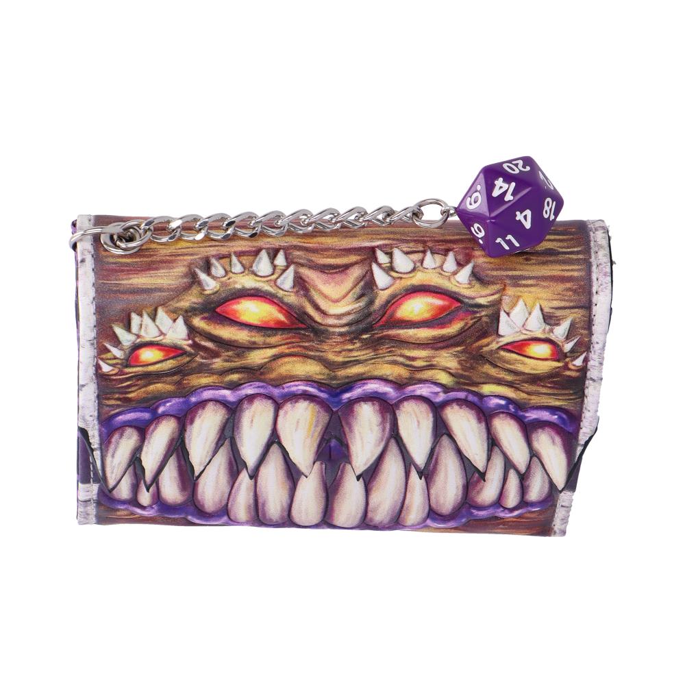 Dungeons & Dragons Mimic Wallet - angled view of the embossed monster face and die charm chain