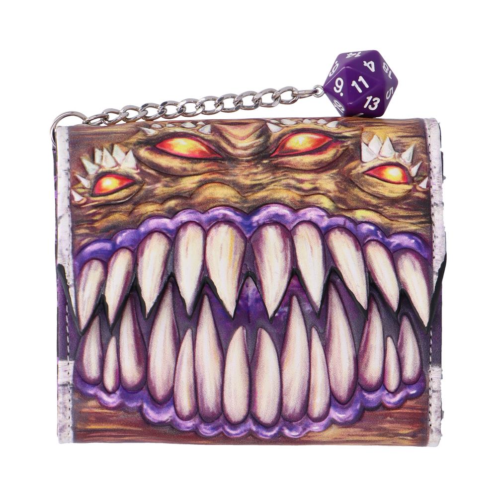 Dungeons & Dragons Mimic Wallet - front of the toothy Mimic wallet with watchful eyes and a purple D20 charm