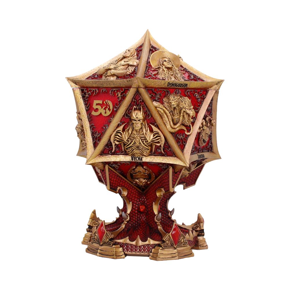 Dungeons & Dragons 50th Anniversary Box - angled view of raised monster panels and gold-edged triangular faces