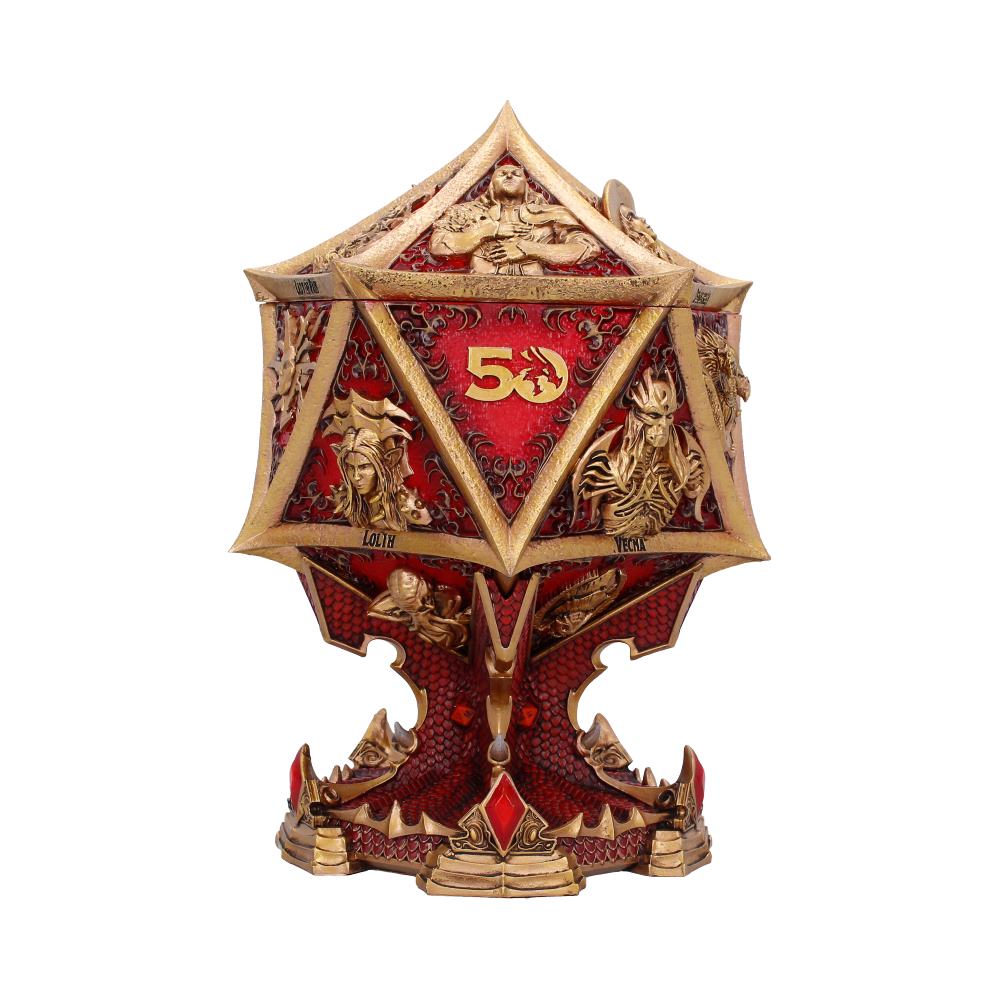 Dungeons & Dragons 50th Anniversary Box - front of the red-and-gold D20-shaped box with anniversary detail and a scaled base