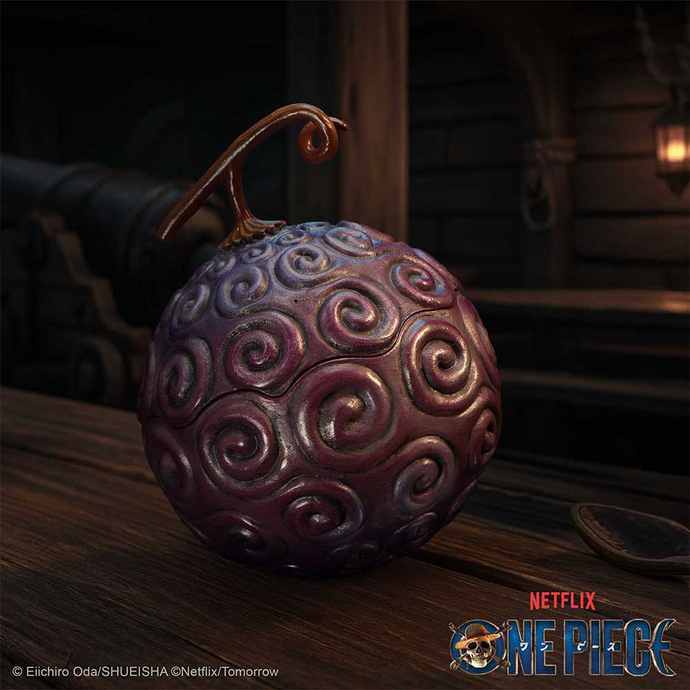 Purple Devil Fruit box on a dark One Piece themed studio background