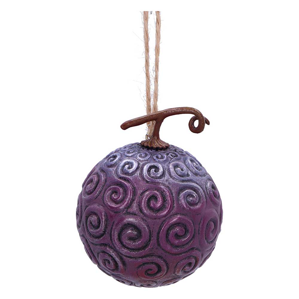 Purple Devil Fruit hanging ornament with raised swirls, brown stem and string loop