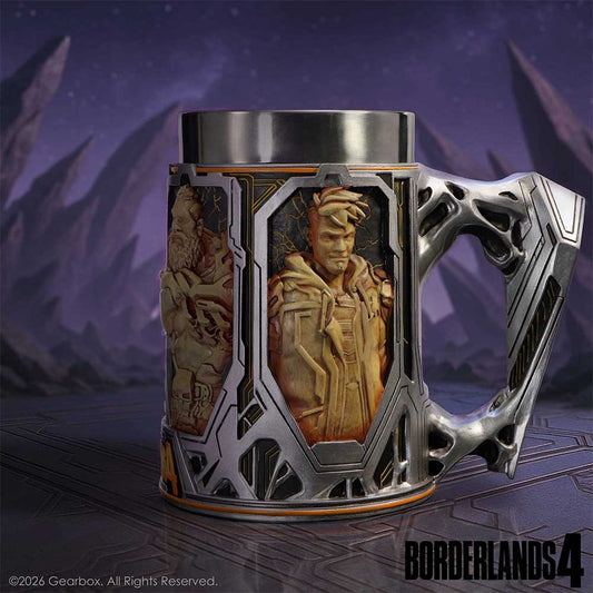 Borderlands 4 Vault Hunters Tankard - displayed against a purple game-world backdrop with character portraits visible