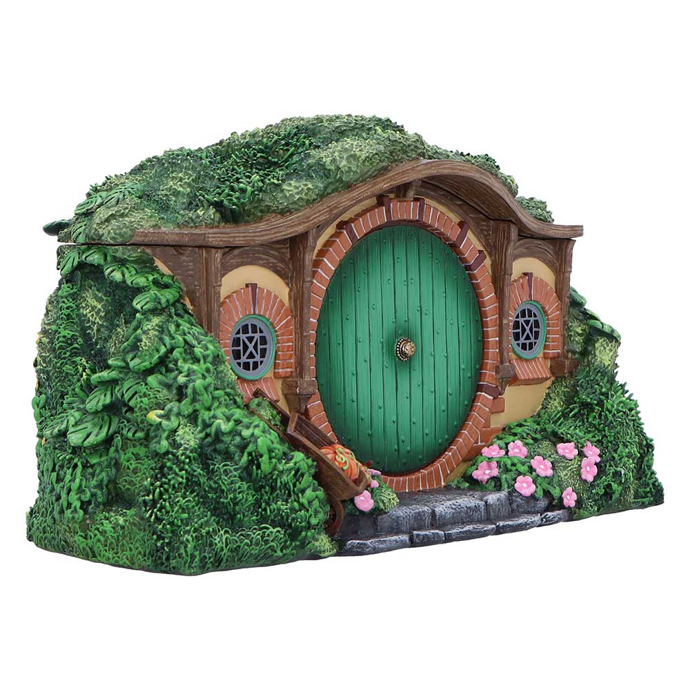 Opposite front angle of The Shire box showing flowers and round doorway