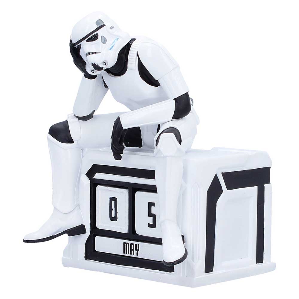 Angled view of What a Day calendar with slumped trooper and crate side