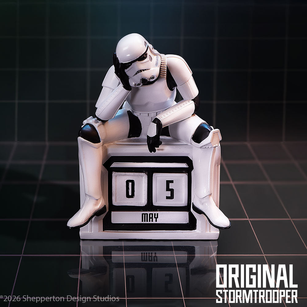 What a Day Stormtrooper calendar displaying 05 May on a dark studio background