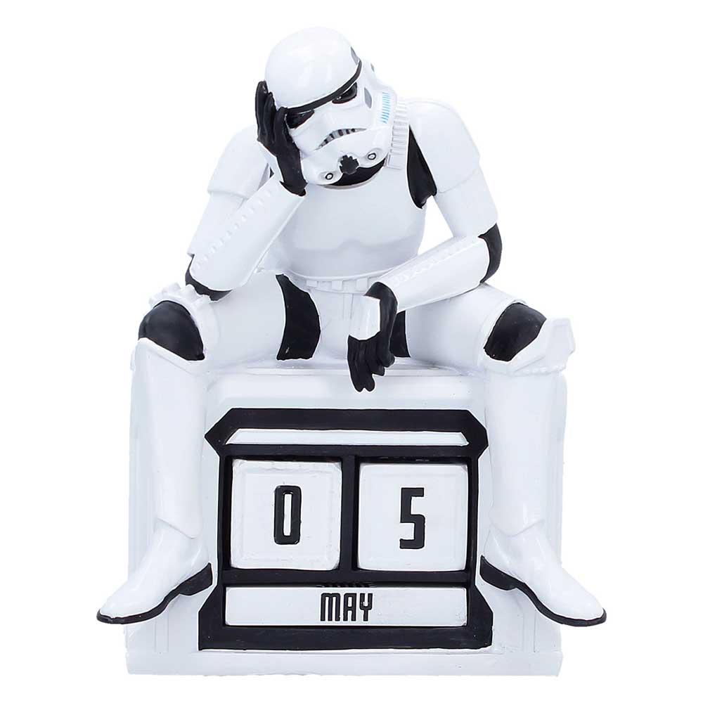 Seated Stormtrooper resting his head above black-and-white calendar date blocks
