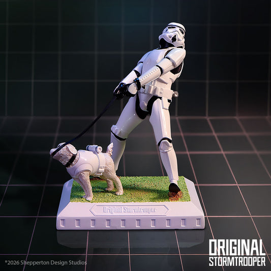 Stormtrooper and armoured dog figurine on a dark gridded studio background