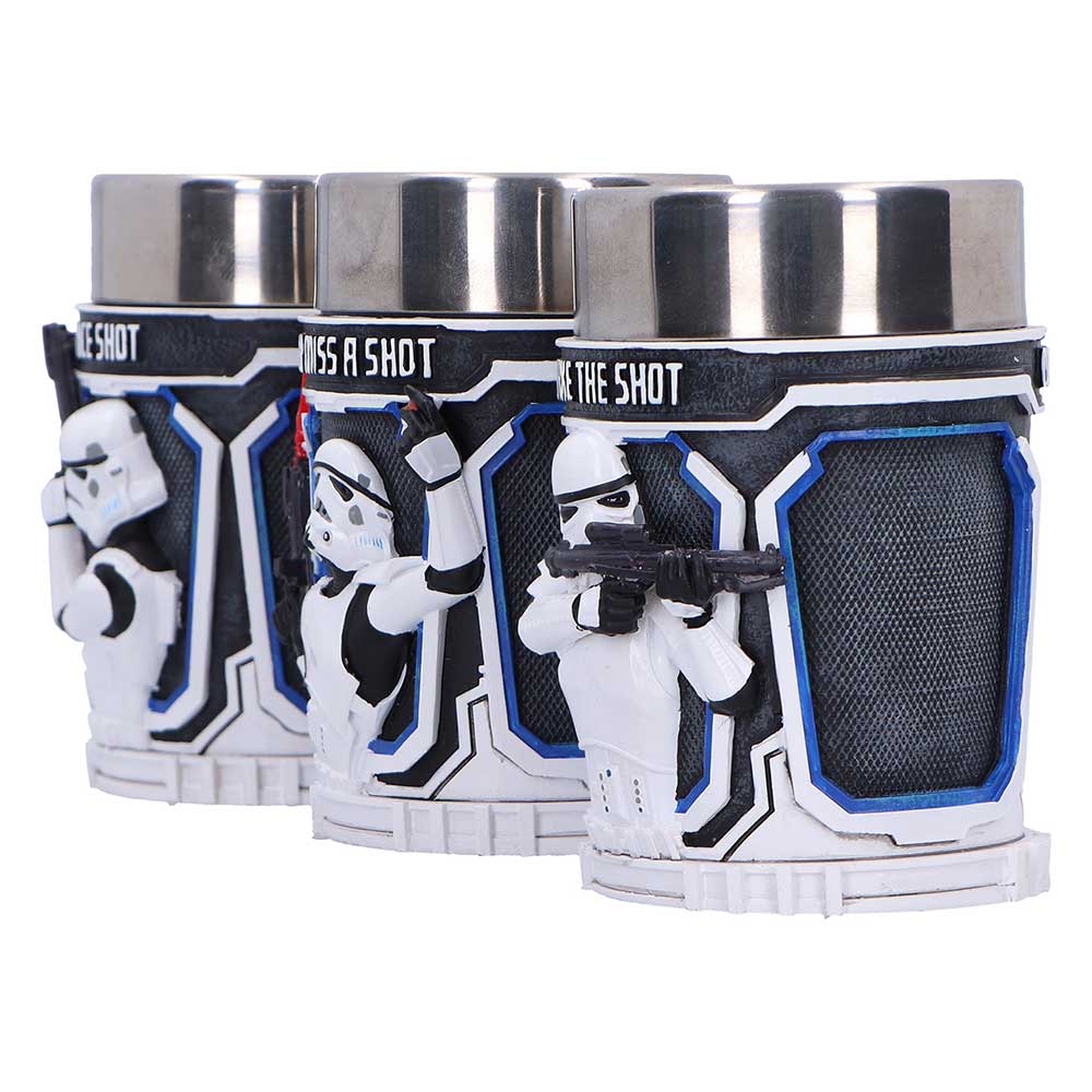 Stormtrooper Shot Glass Set - angled group view of the white-armoured figures and blue borders