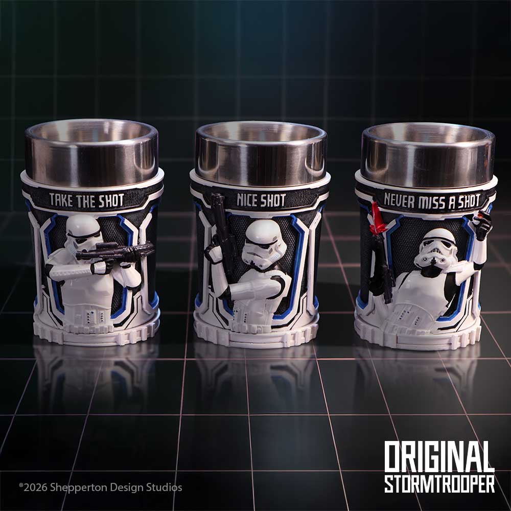 Stormtrooper Shot Glass Set - three cups displayed in a sci-fi setting with comic phrases above the figures
