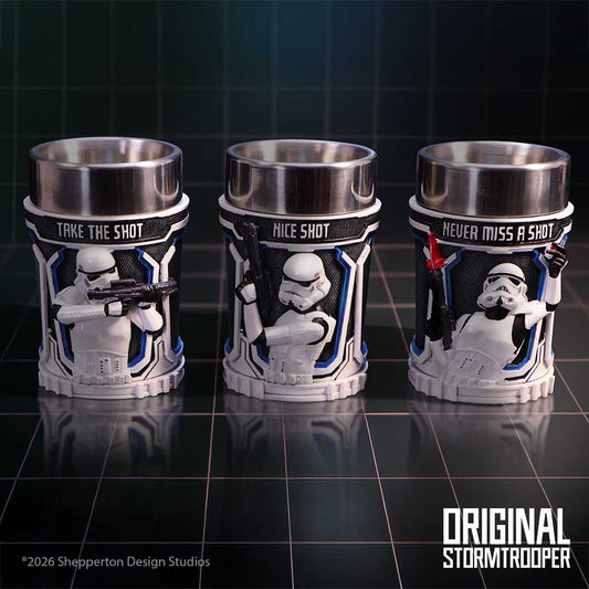 Stormtrooper Shot Glass Set - three cups displayed in a sci-fi setting with comic phrases above the figures