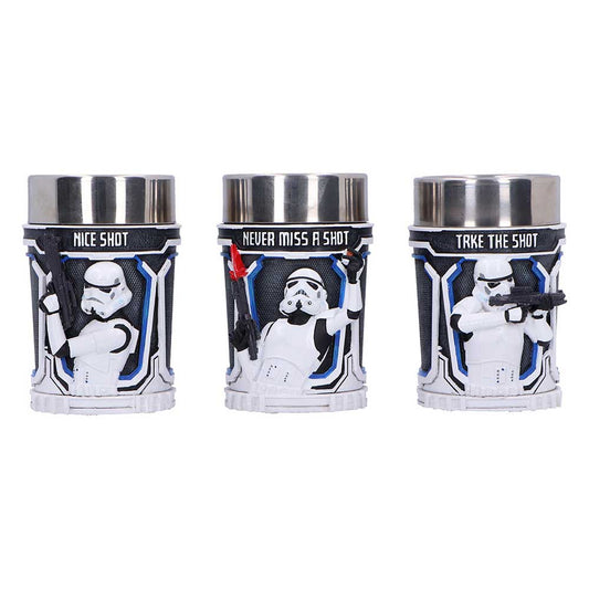 Stormtrooper Shot Glass Set - three shot cups facing forward with Stormtrooper poses and comic phrases