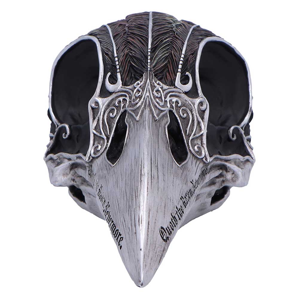 Quoth the Raven Skull Ornament - front view along the beak showing ornate eye-socket borders