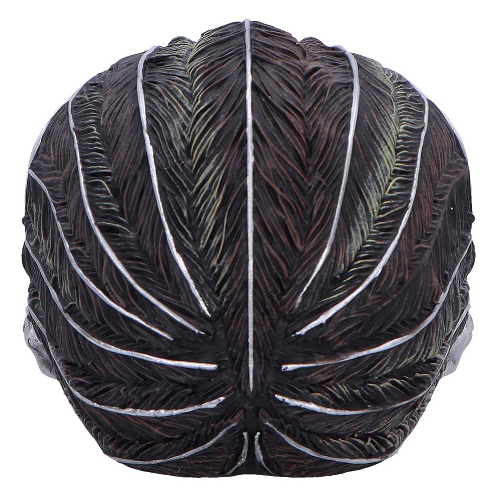 Quoth the Raven Skull Ornament - overhead rear view of the dark feather-like crown textures