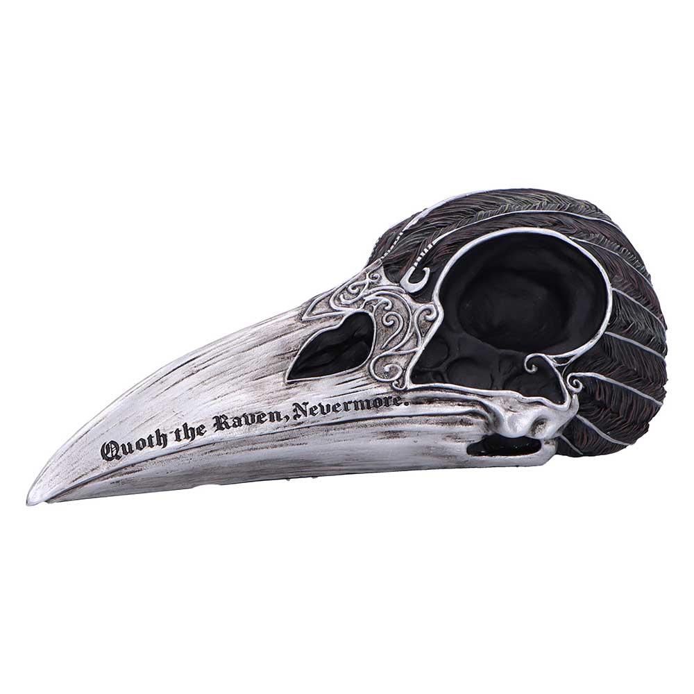Quoth the Raven Skull Ornament - opposite side profile with lettering along the silver-toned beak