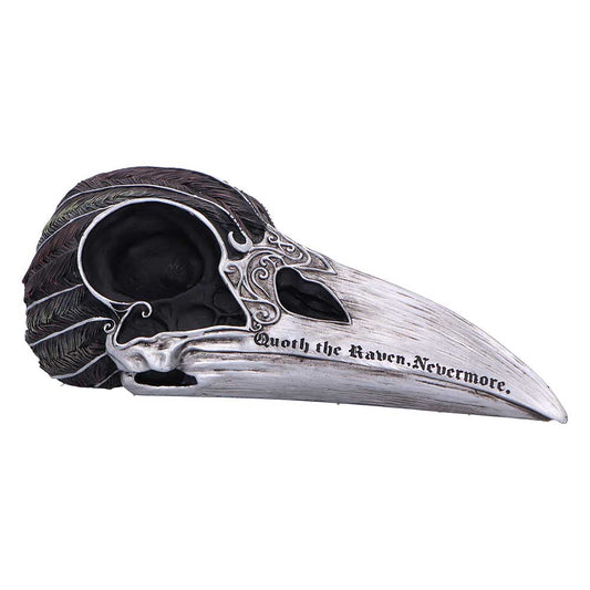 Quoth the Raven Skull Ornament - side profile of the raven skull with a pale beak and dark feathered crown
