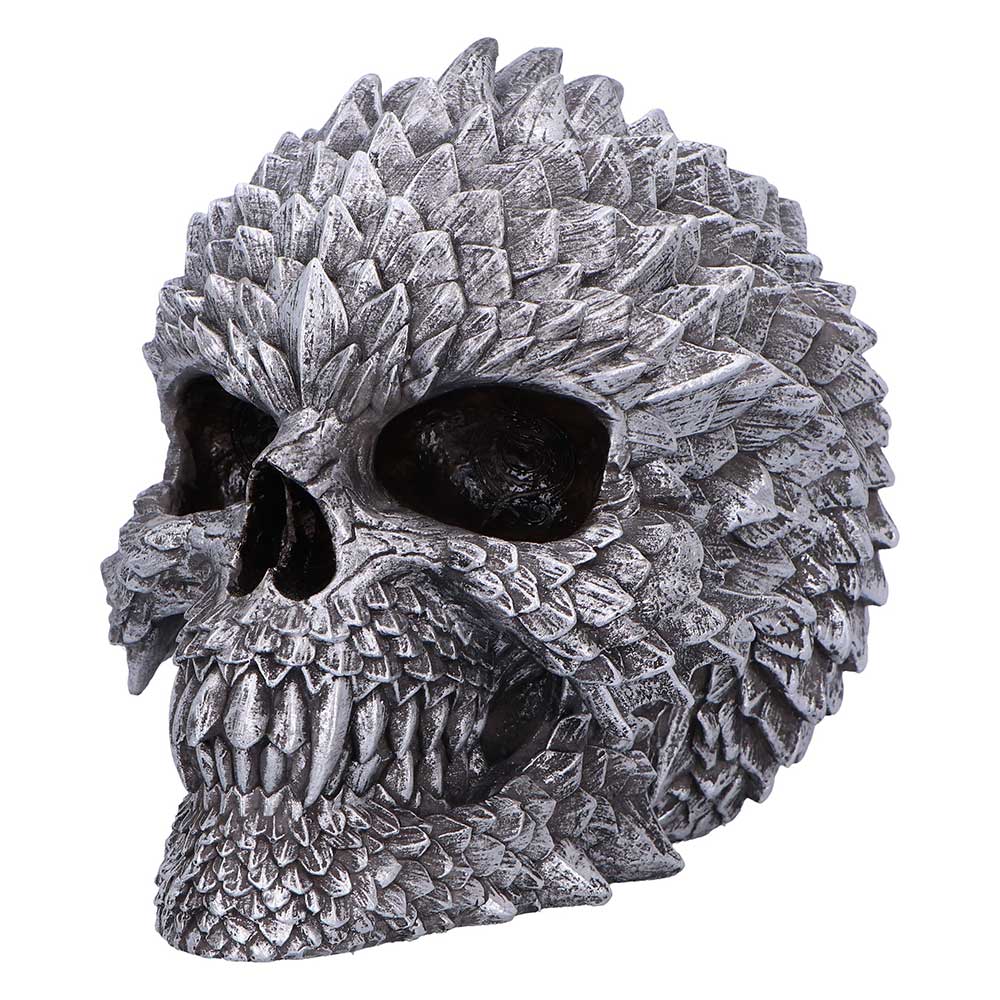 Scaled Remains Skull Figurine - opposite angle of the dark eye sockets and textured cheeks