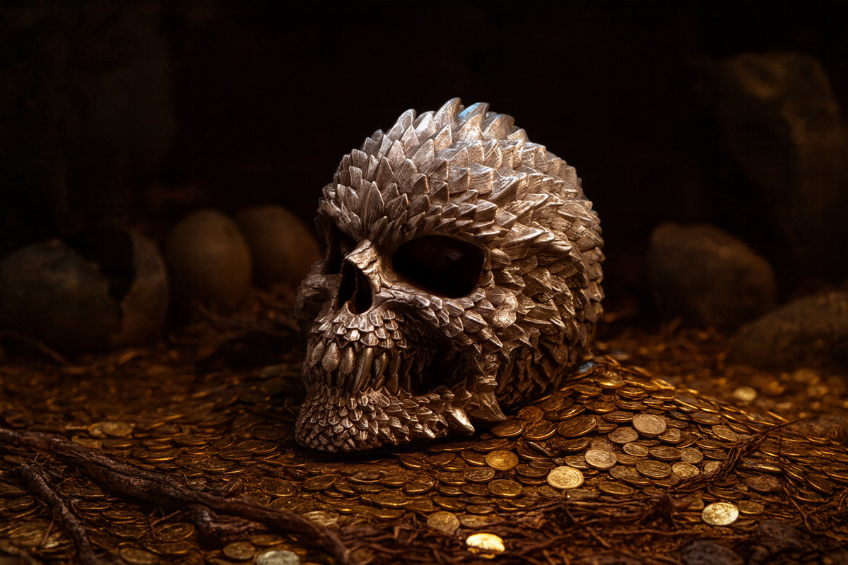 Scaled Remains Skull Figurine - displayed beside treasure-like props with the scale-textured skull facing forward