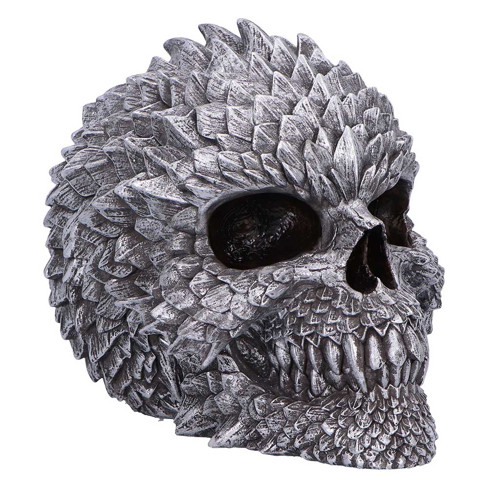 Scaled Remains Skull Figurine - front angle of the grey skull with layered pointed scales